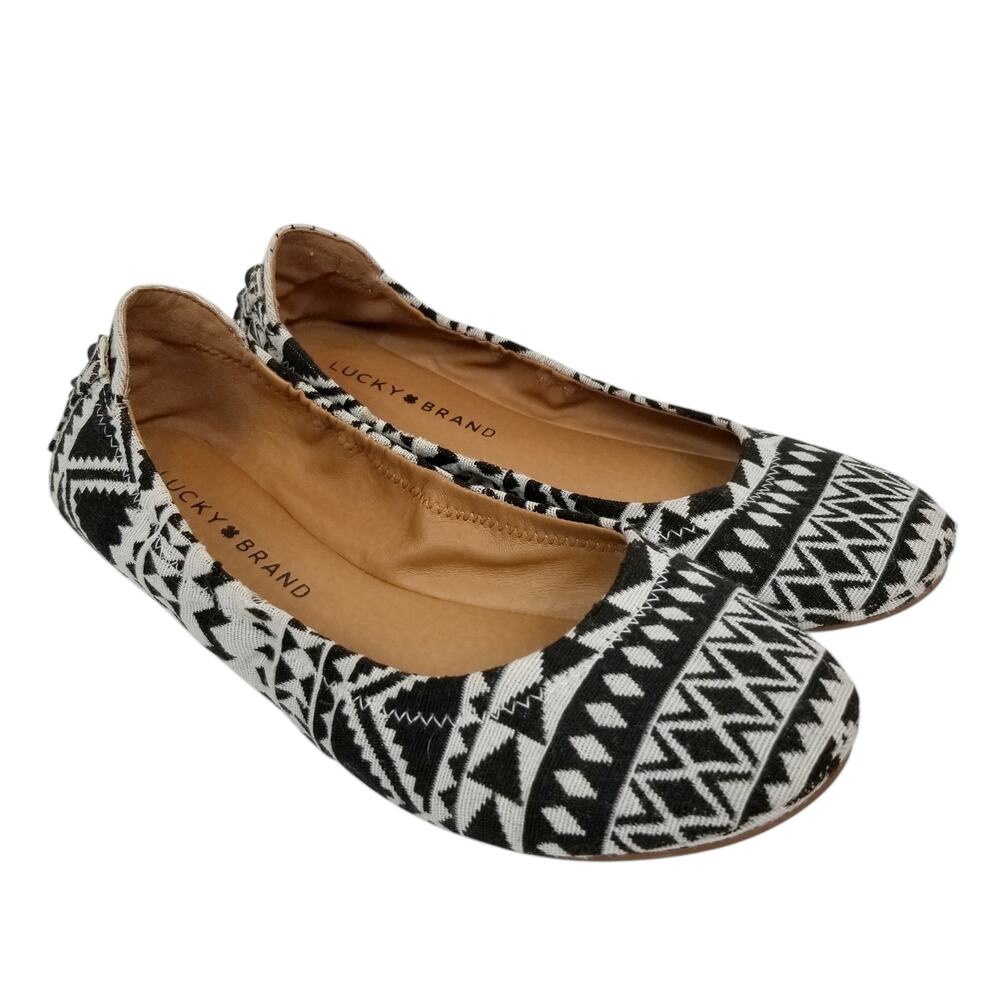 Lucky Brand Echo Tribal Aztec Print Fabric Ballet Flats Black White Size 7.5